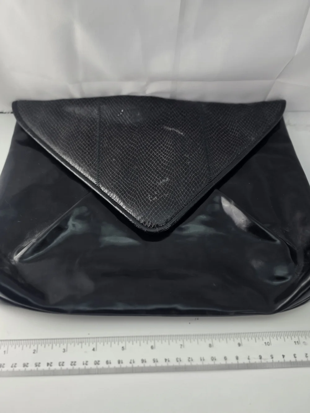 Large Black Vintage 60s Patent Leather Envelope Clutch Bag with Snakeskin Flap